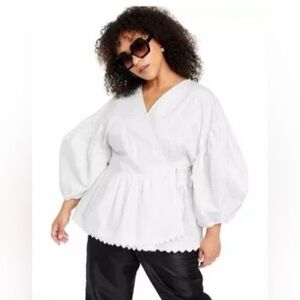 Kika Vargas x Target Wrap Shirt White Scallop Edge Puff Sleeve Blouse, Size XS